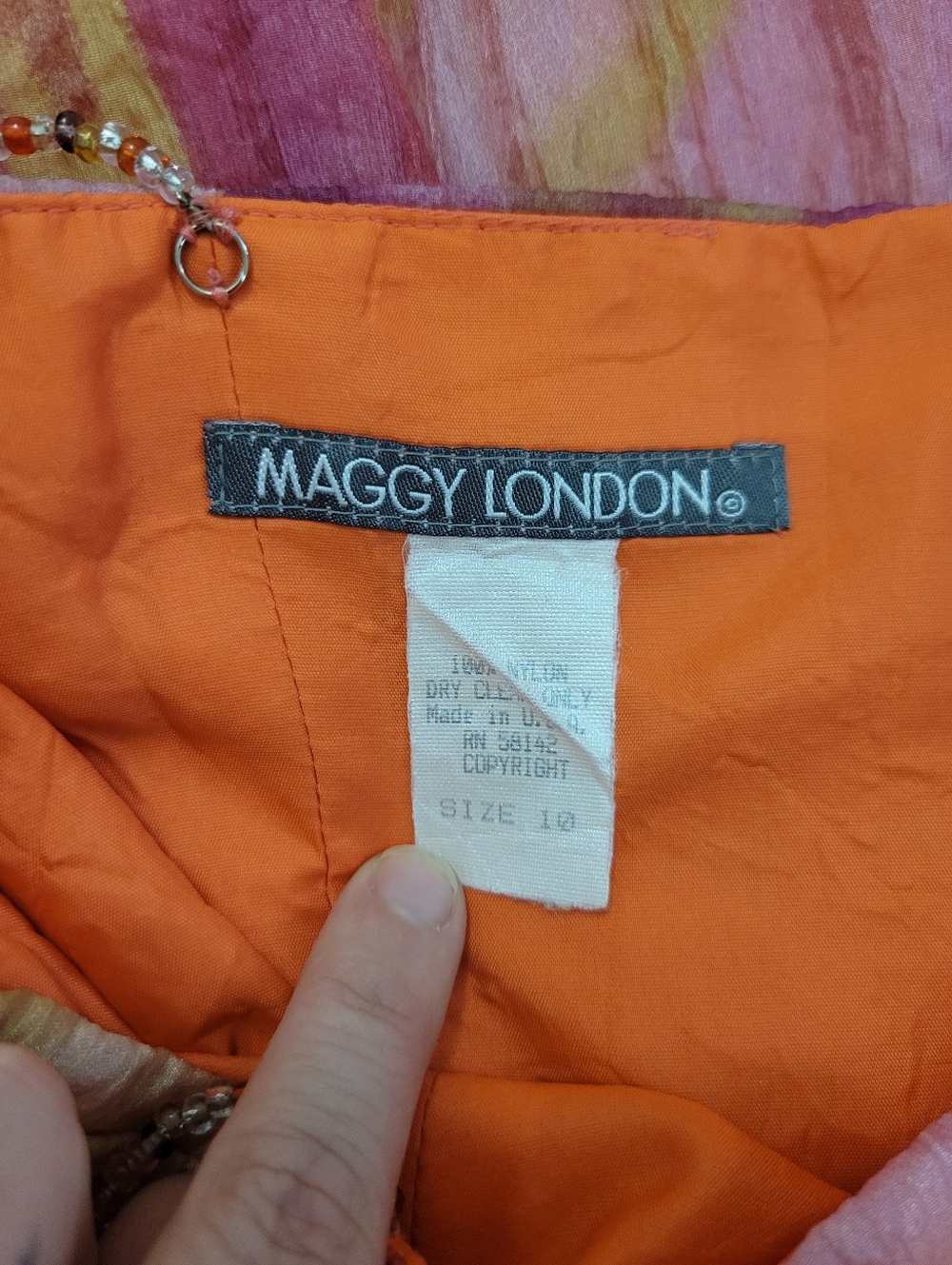 Maggy London Sz 10 Long Maxi Dress Beaded Straps Pink & Orange Crinkle Chiffon - Picture 7 of 8